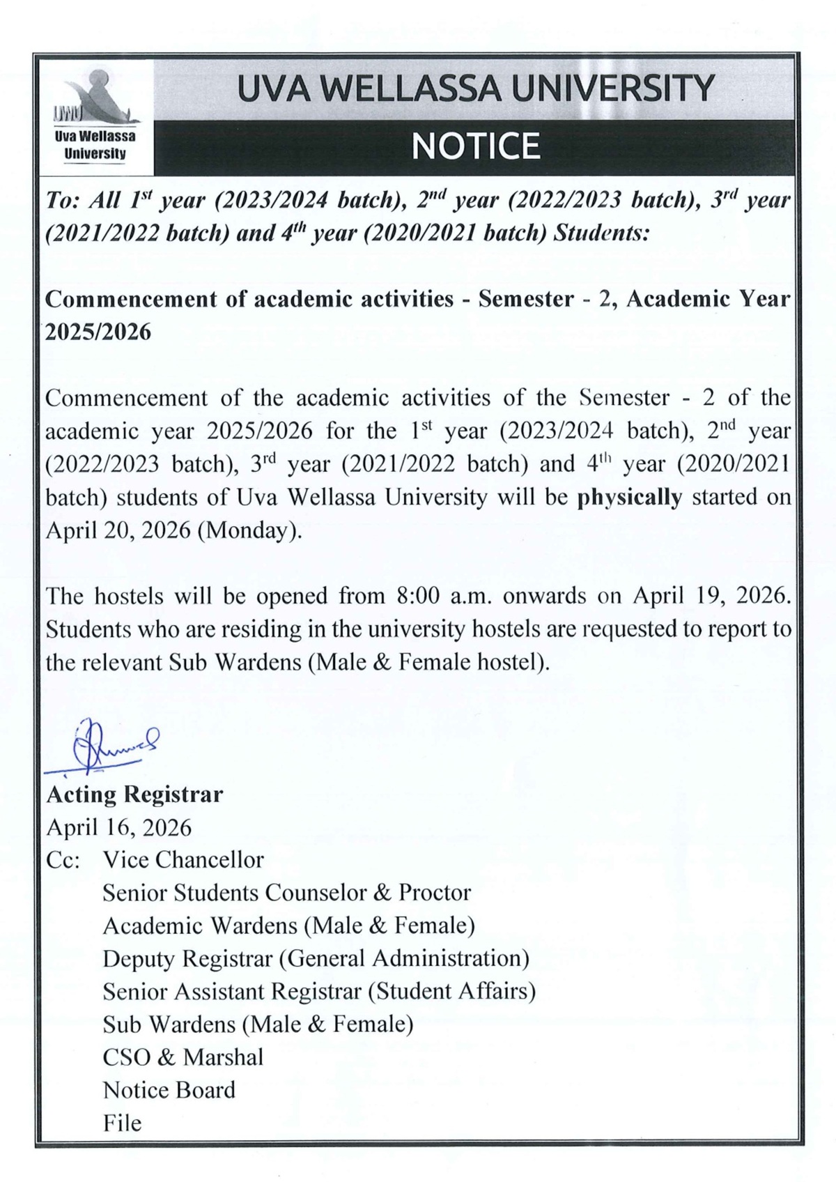 Commencement of academic activities - Semester - 2, Academic Year 20252026