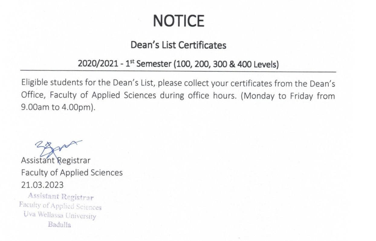 Dean’s List Certificates