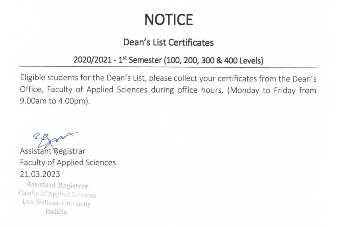 Dean’s List Certificates