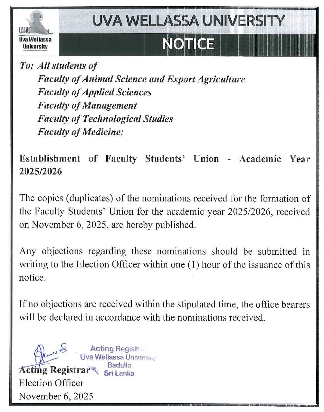 Establishment of Faculty Students’ Union - Academic Year 20252026