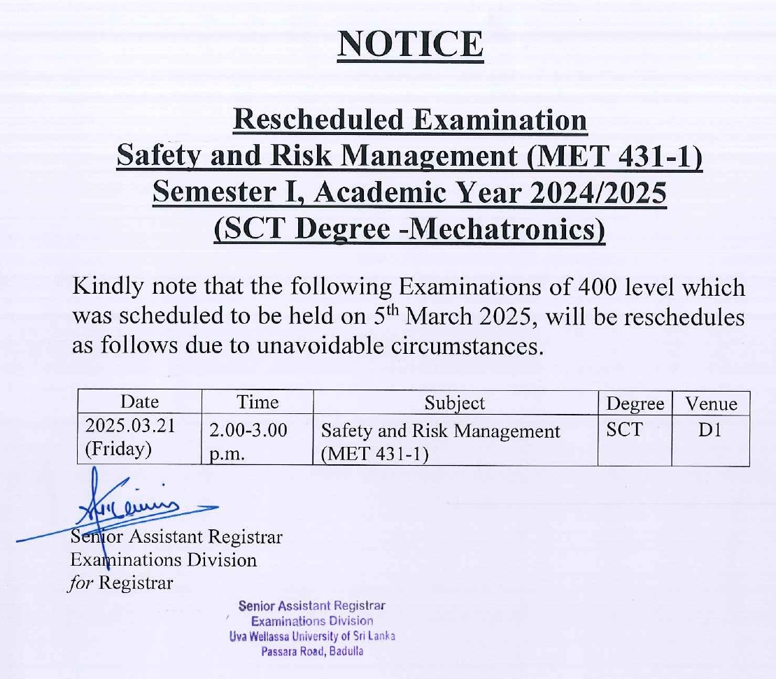NOTICE - Rescheduled Examination MET431-1_page-0001