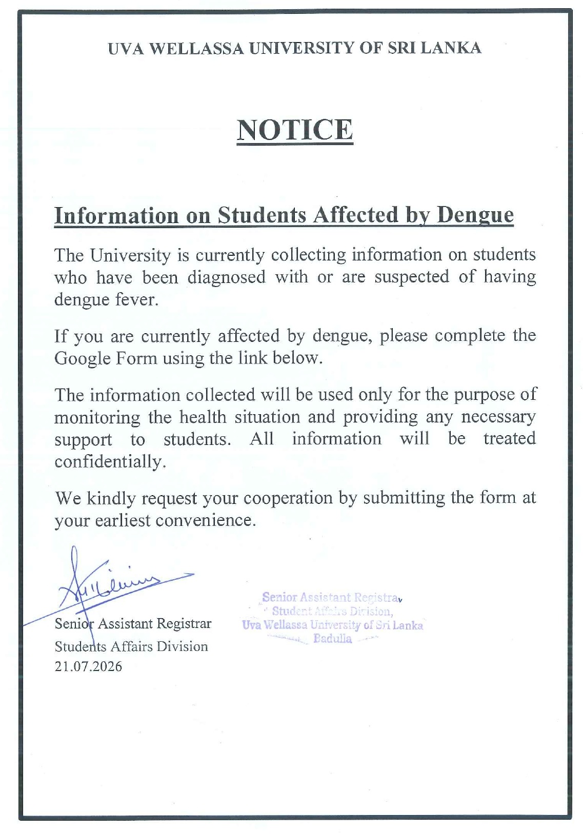 Reporting Dengue Cases Among Students