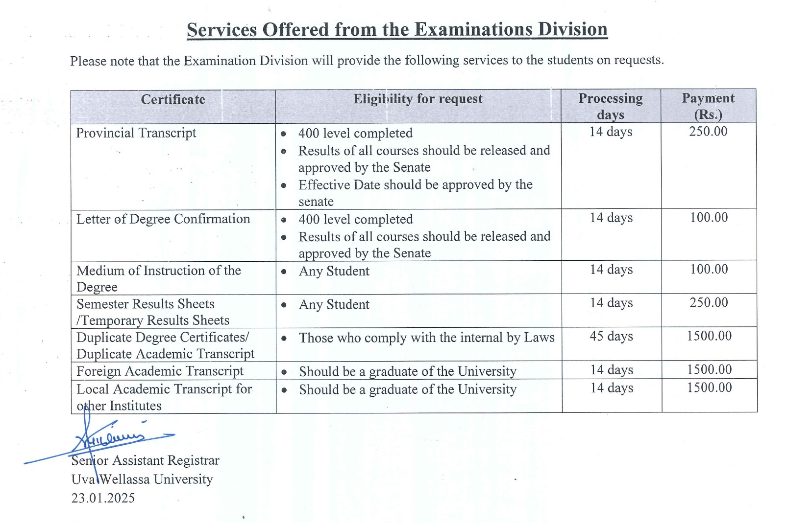 Services offered from the Examinations Division R_page-0001