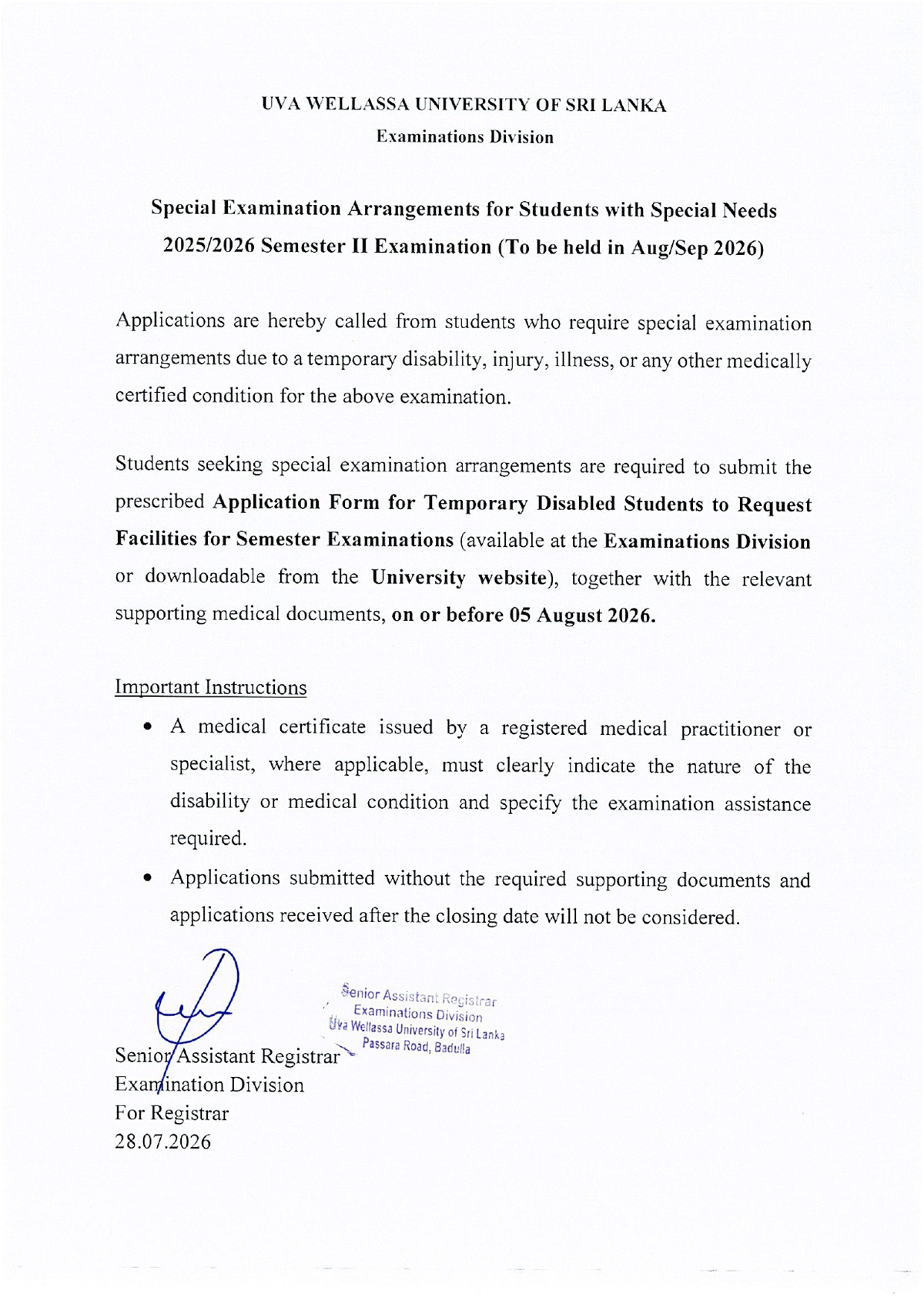Special Need Application for the Semester Examination- Semester II