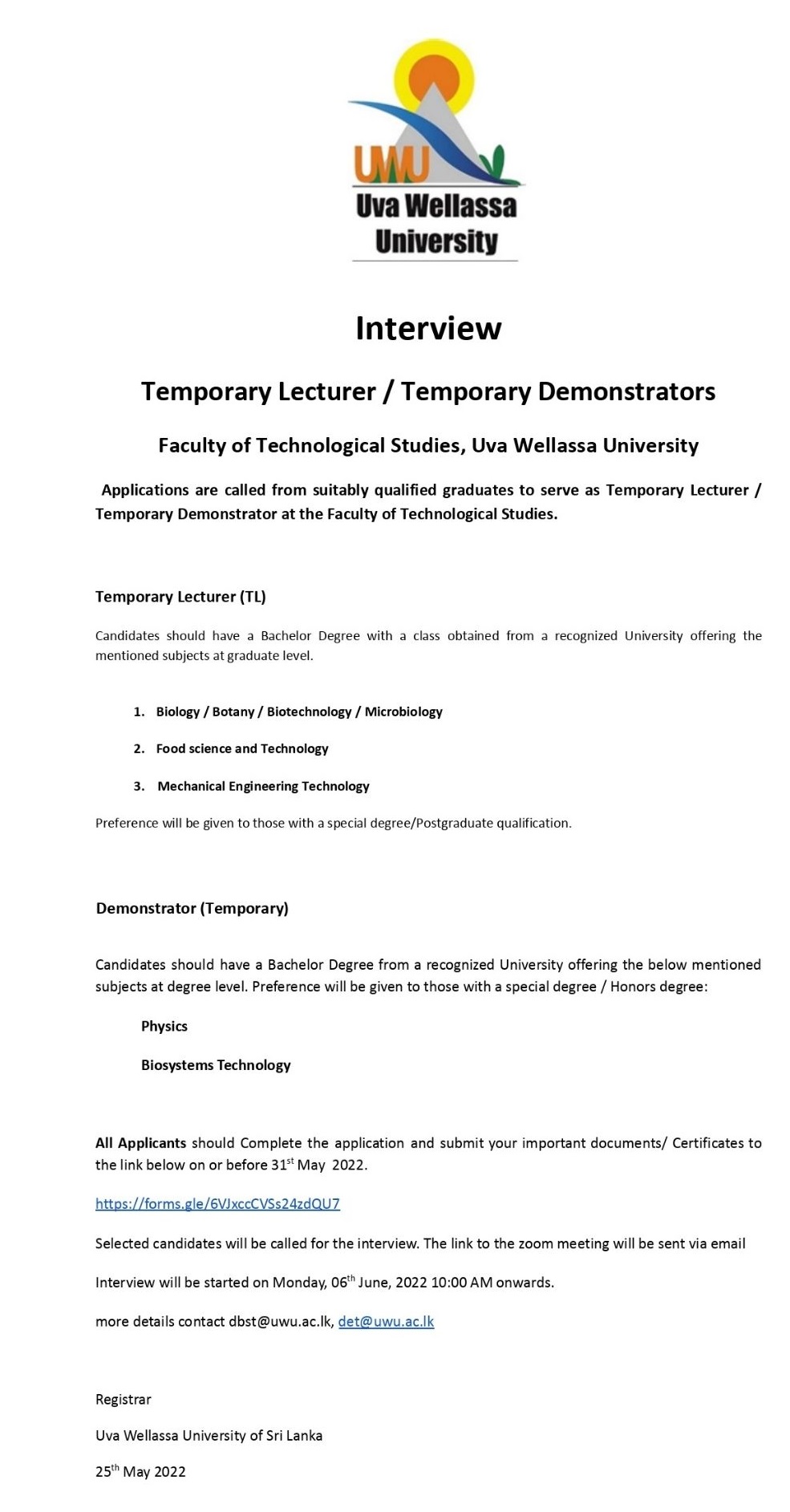 Interview Temporary lecturer