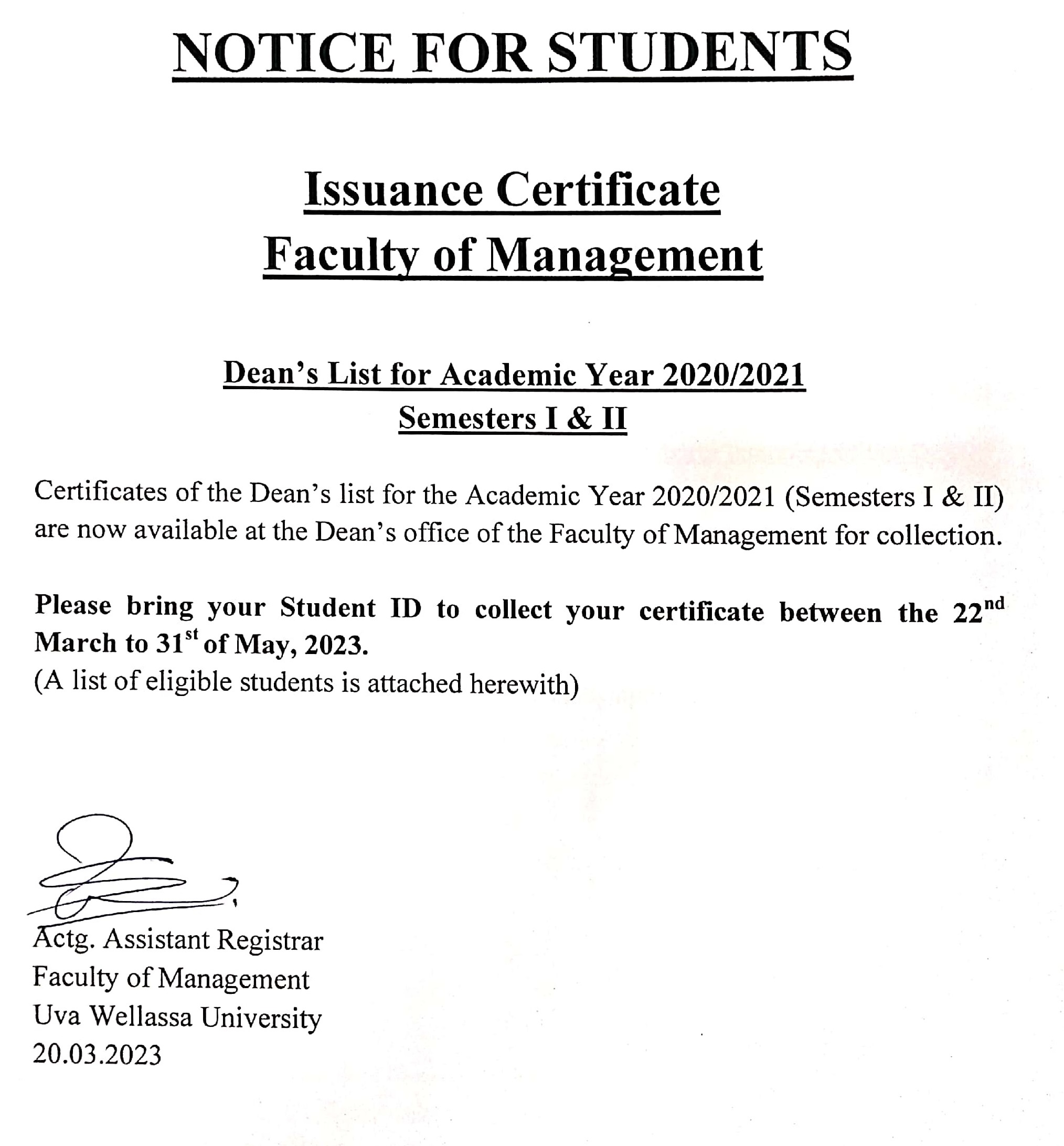 Dean’s List Certificates FOM