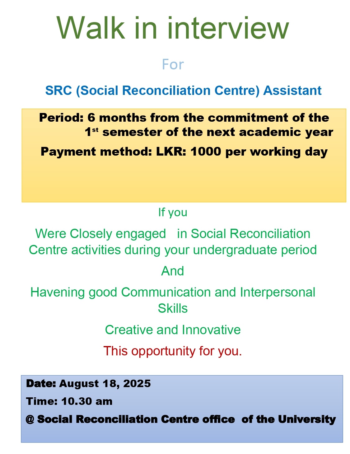 Post of SRC (Social Reconciliation Centre) Assistant