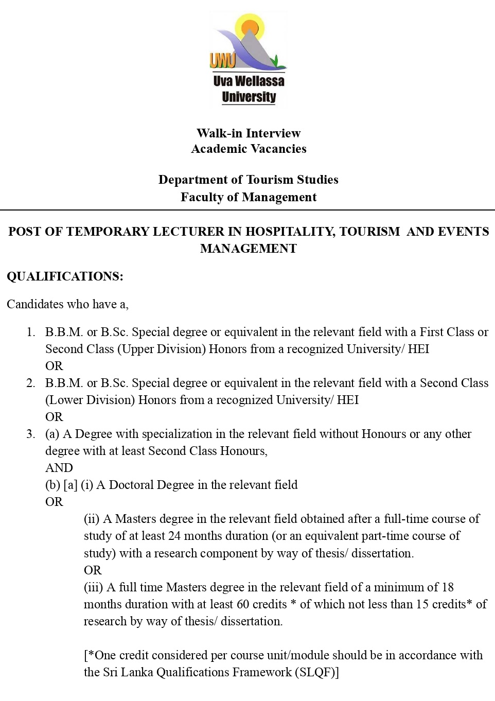 Post of Temporary Lecturer in Hospitality, Tourism and Events Management