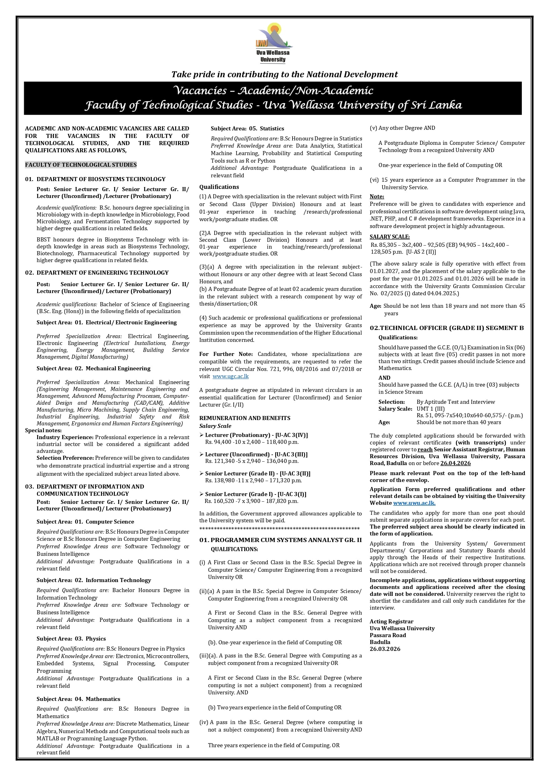 Vacancies Academic/Non-Academic  : Faculty of Technological Studies