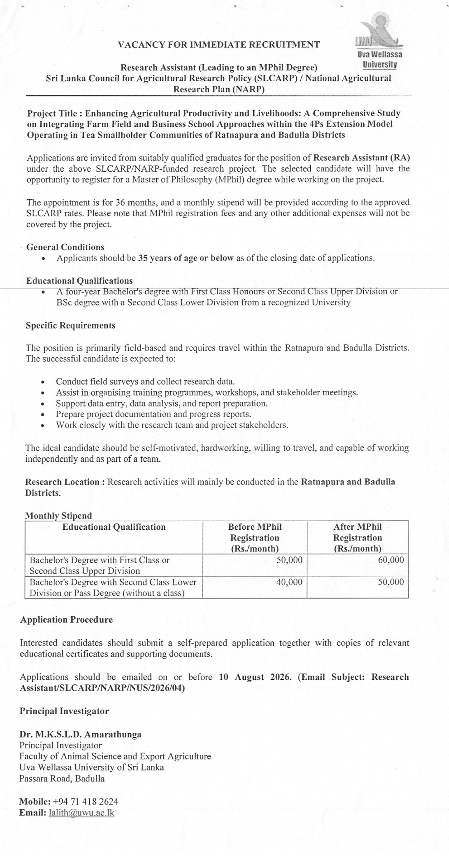 Post of Research Assistant