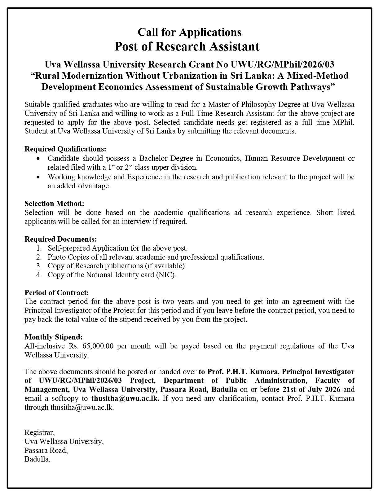 Post of Research Assistant_