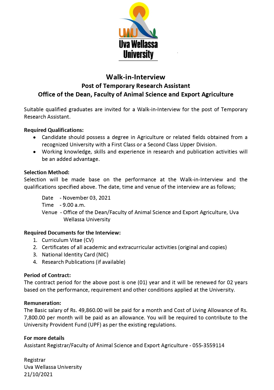 Post of Temporary Research Assistant – Office of the Dean, Faculty of Animal Science and Export Agriculture | Uva Wellassa University Post of Temporary Research Assistant – Office of the Dean, Faculty of Animal Science and Export Agriculture | Uva Wellassa University