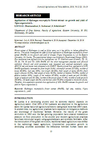 Application of Hydrangea Macrophylla Flower Extract on Growth and Yield of Vigna Unguiculata L.