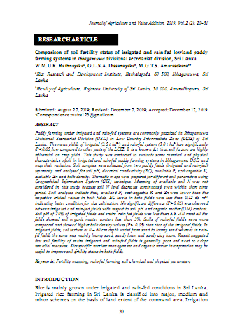 Comparison of soil fertility status of irrigated and rain-fed lowland paddy farming systems in Ibbagamuwa divisional secretariat division, Sri Lanka