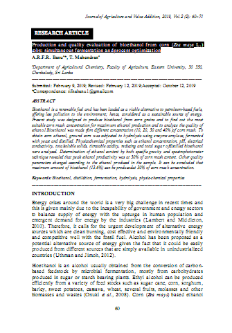 Production and quality evaluation of bioethanol from corn (Zea mays L.) cobs: simultaneous fermentation and process optimization