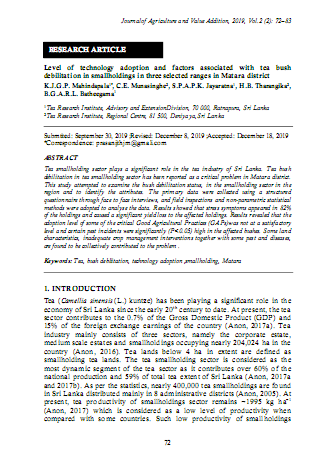 Level of technology adoption and factors associated with tea bush debilitation in smallholdings in three selected ranges in Matara district